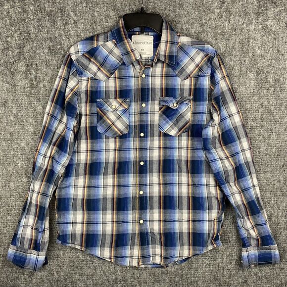 Aeropostale Shirt Mens Medium Plaid Pearl Snaps Western Rodeo Cowboy‎ Farm Chore - Picture 1 of 11